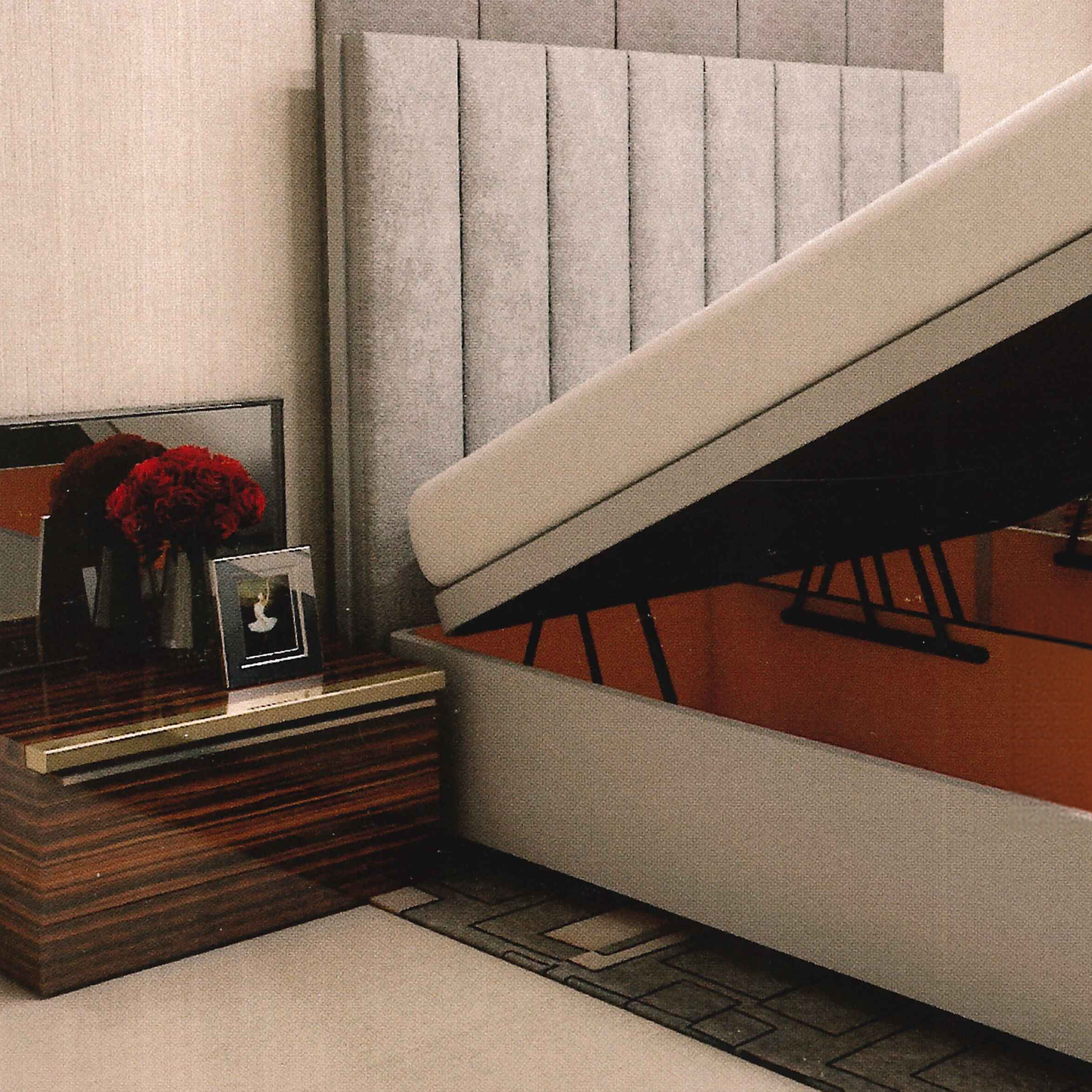 Modern bedroom with a bespoke handmade bed and nightstand featuring decorative items.