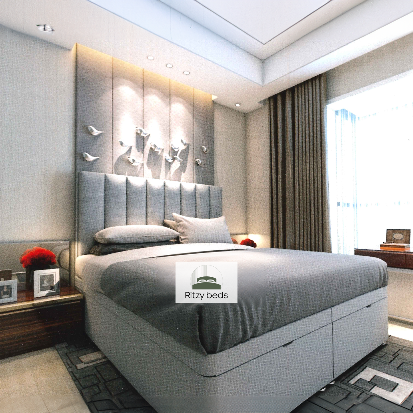 Modern bedroom with a gray upholstered bed and decorative elements with ottoman storage options.