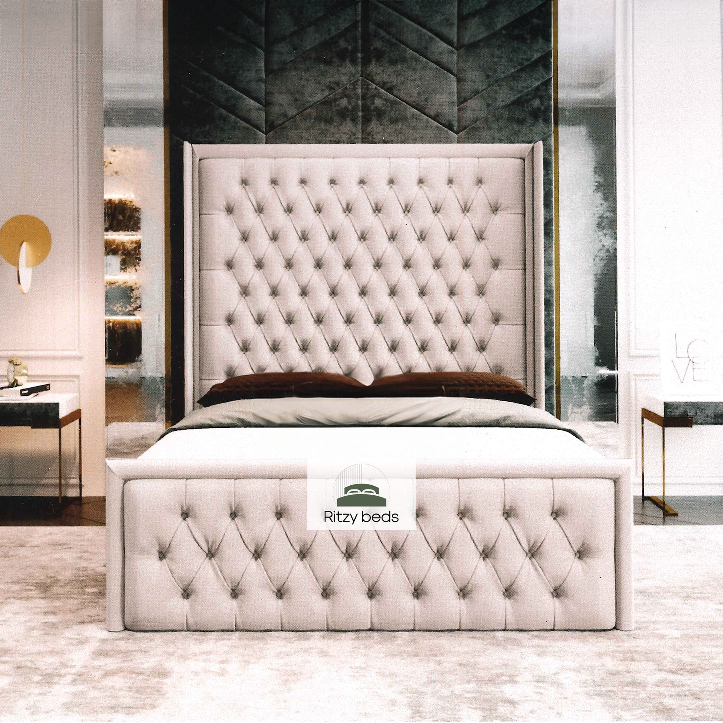 Luxury handmade bed with tufted headboard, buttoned and winged and bedding in a stylish room.