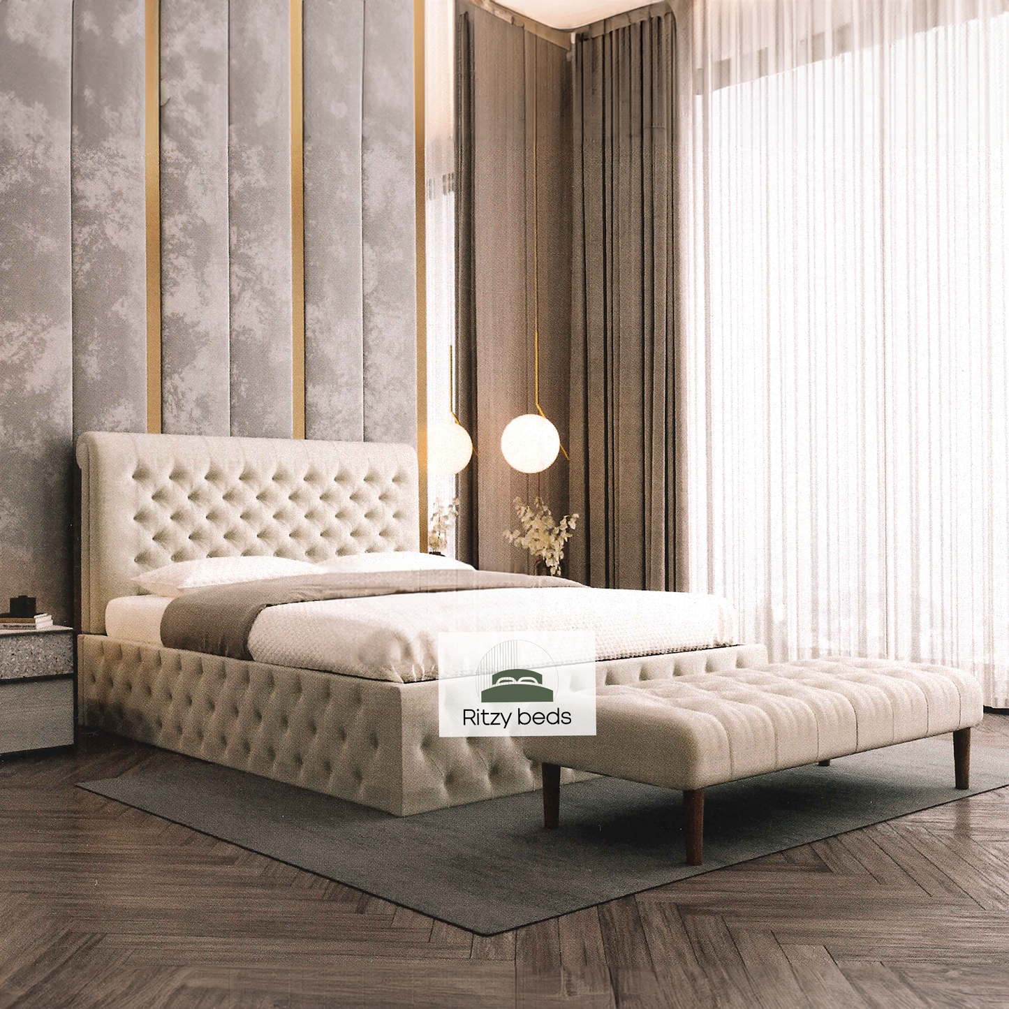 Beige buttoned scroll upholstered bed in a modern bedroom with 'Ritzy Beds' logo.