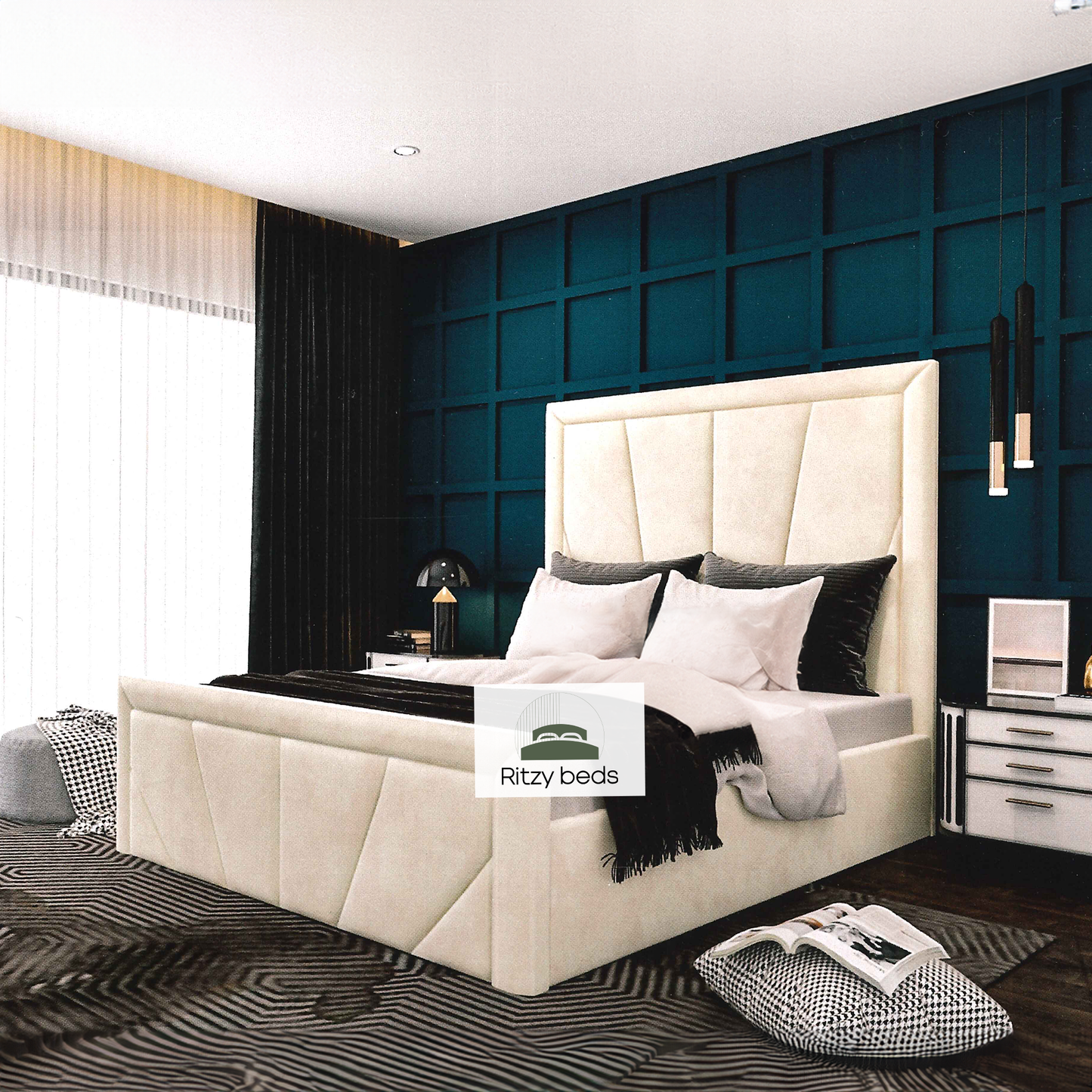 Modern bedroom with a beige angular geometric handmade british upholstered bed and dark blue wall.