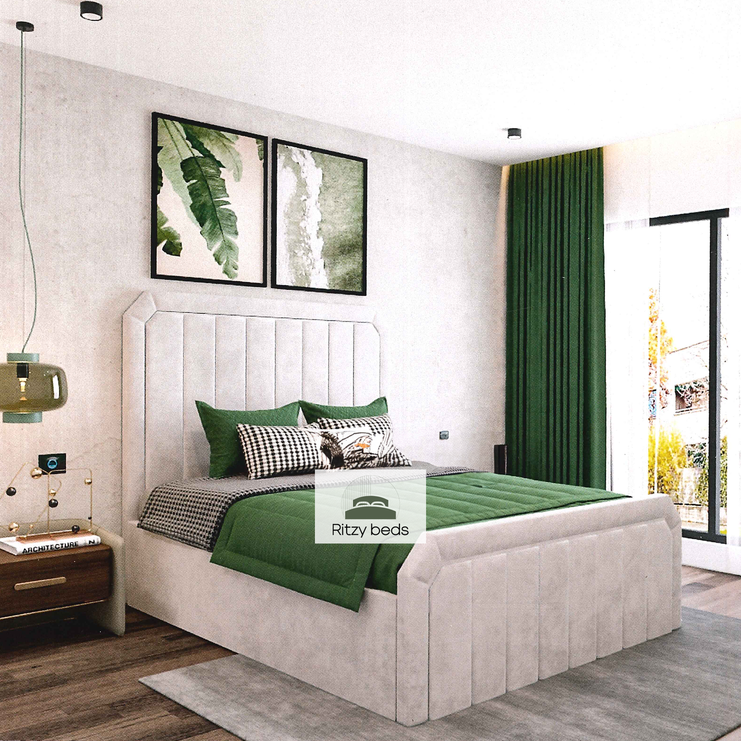 Modern bedroom with a luxury upholstered british bed, nightstands, and decor elements, featuring the 'Ritzy Beds' brand.