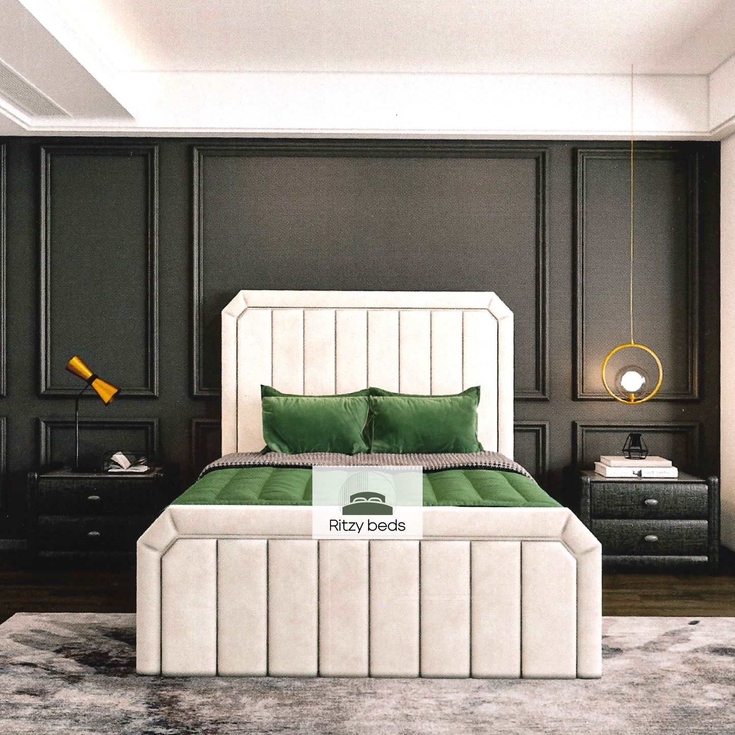 Beige luxury bed with green bedding in a bedroom setting, featuring 'Ritzy Beds' branding.