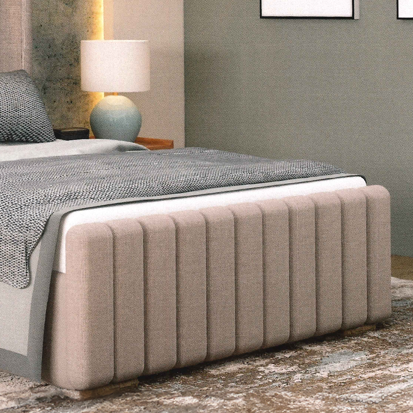Bed with a textured headboard in a bedroom setting