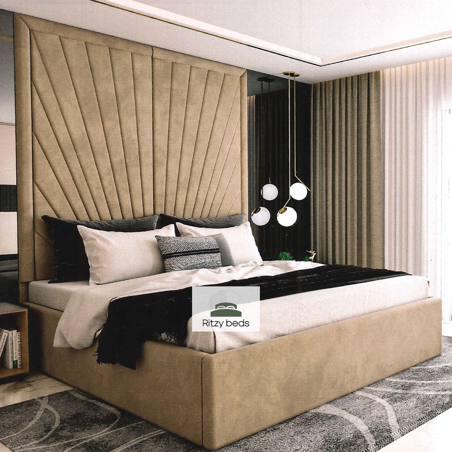 Beige upholstered bed with angular geometric lines and extended headboard with decorative pillows in a modern bedroom setting, featuring the 'Ritzy Beds' brand.