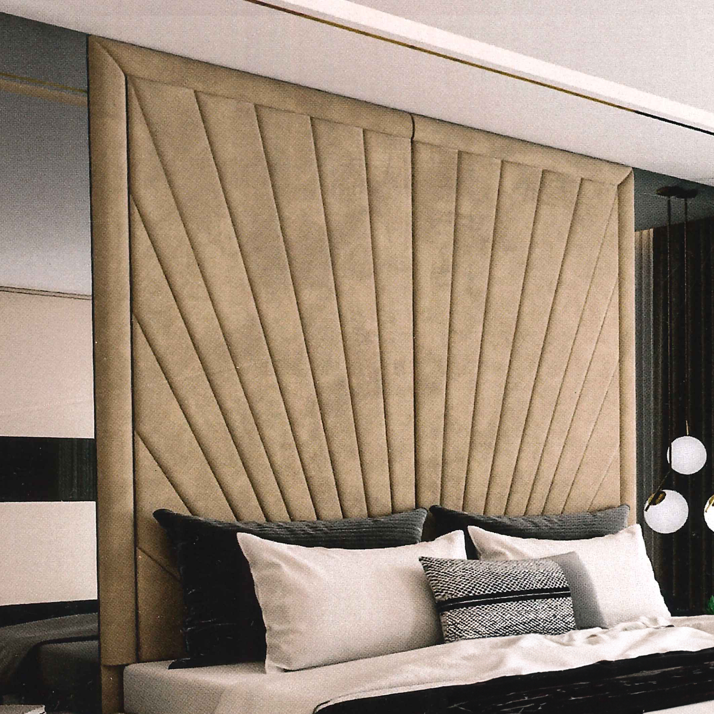 Decorative extended luxury British headboard with geometric pattern in a bedroom setting
