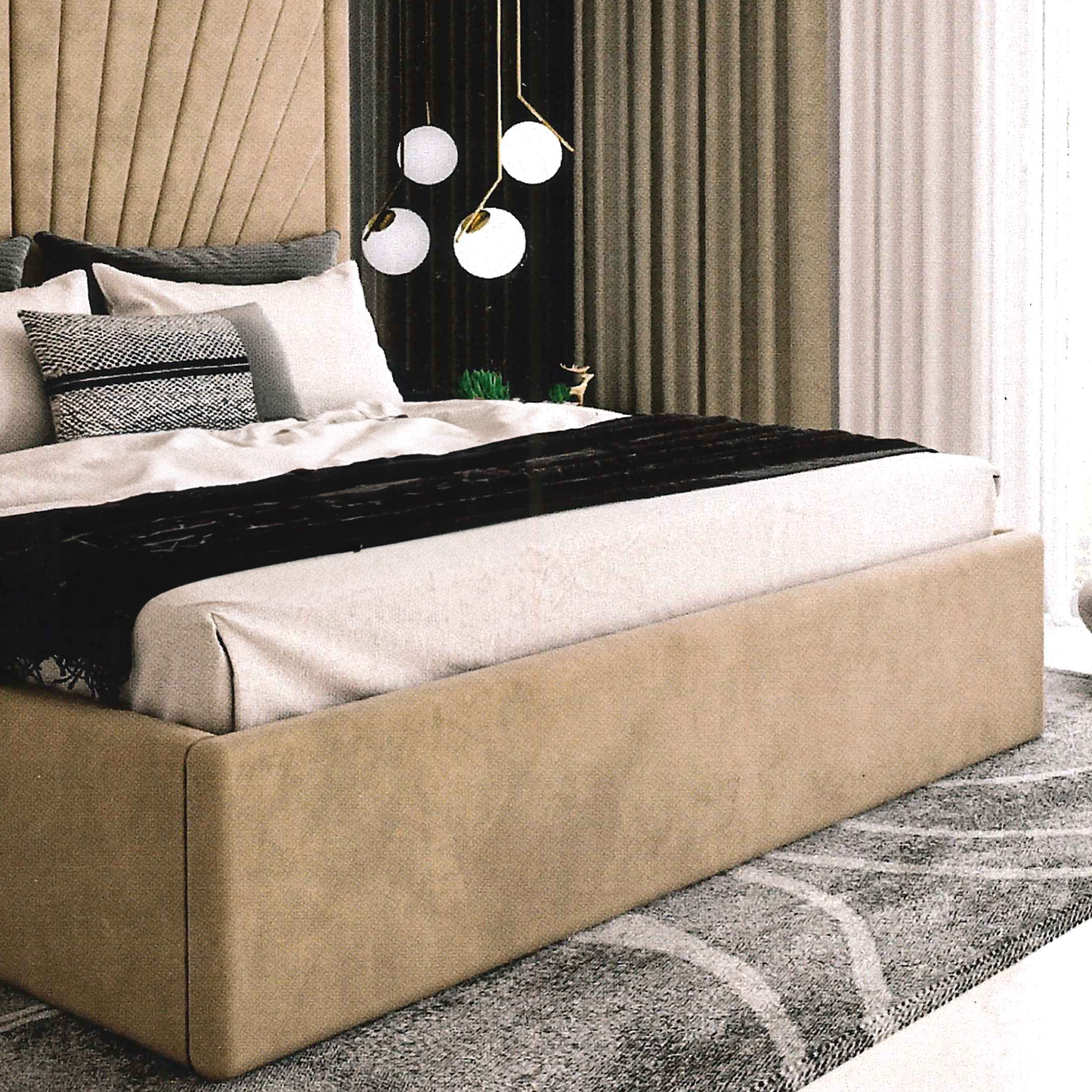 Beige upholstered bed in a modern bedroom setting with decorative pillows and a rug.