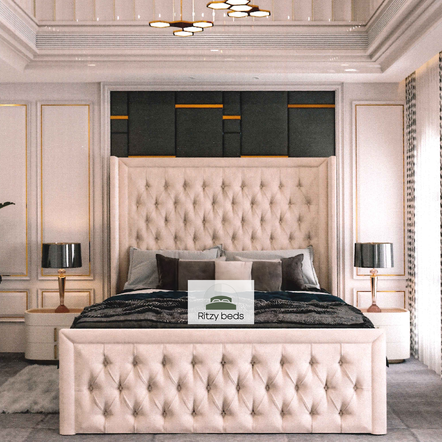 Luxurious bedroom with a tufted buttoned winged headboard and matching bed frame, featuring the brand 'Ritzy Beds'.