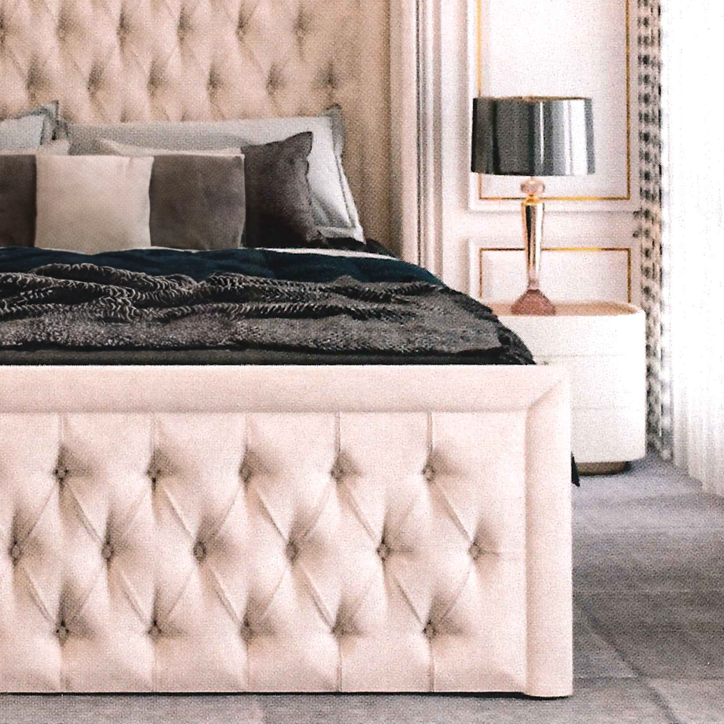 Luxurious bedroom with tufted footboard and matching handmade bespoke bed frame.