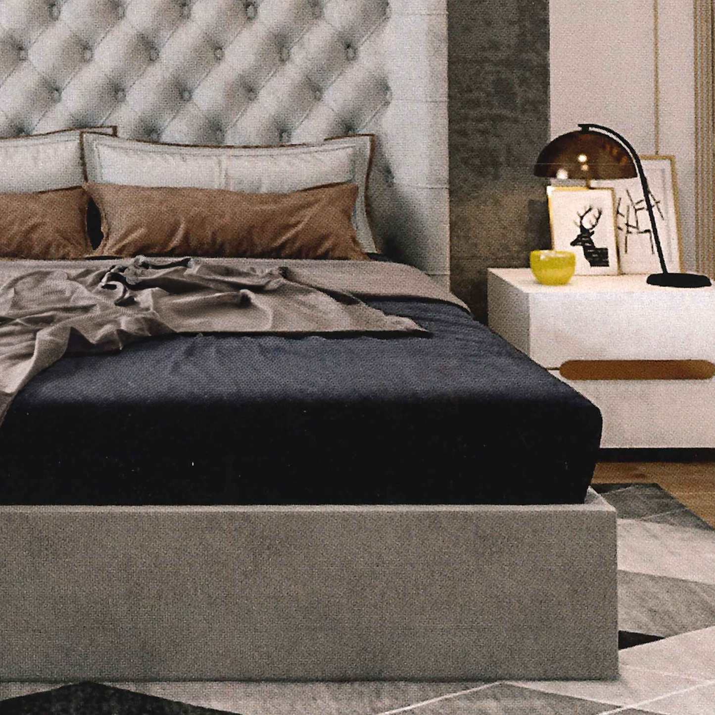 Modern bedroom with a tufted headboard and decorative elements.
