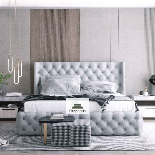 Modern handmade bed, buttoned and recessed bed and 'Ritzy Beds' branding.