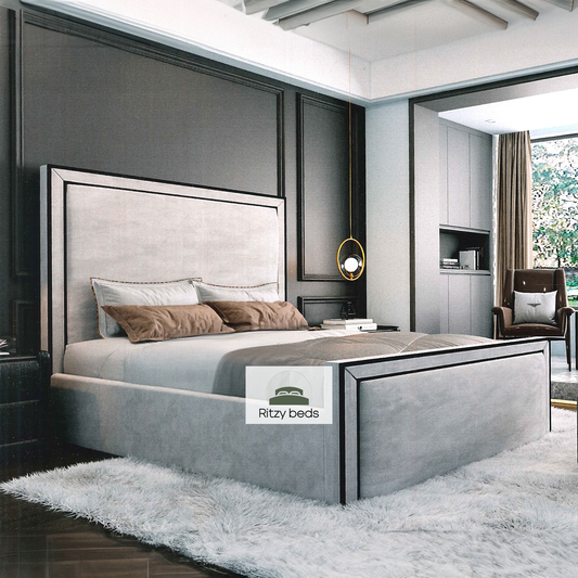 Modern bedroom with a bespoke contemporary bedframe and 'Ritzy Beds' logo