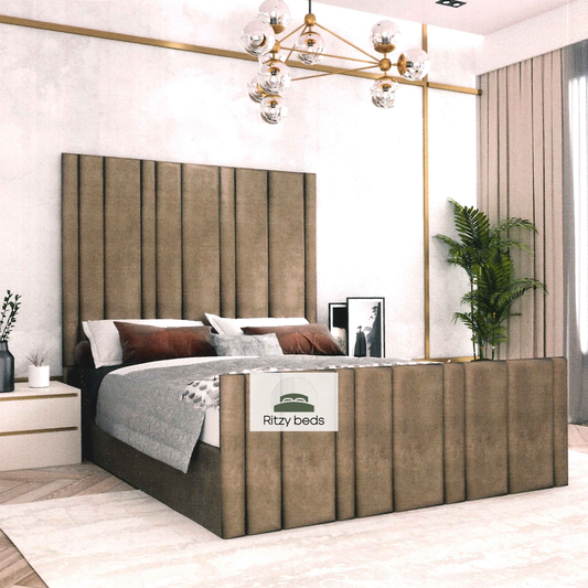 Bedroom with a handmade british bed featuring a striped headboard and footboard, branded 'Ritzy Beds'.