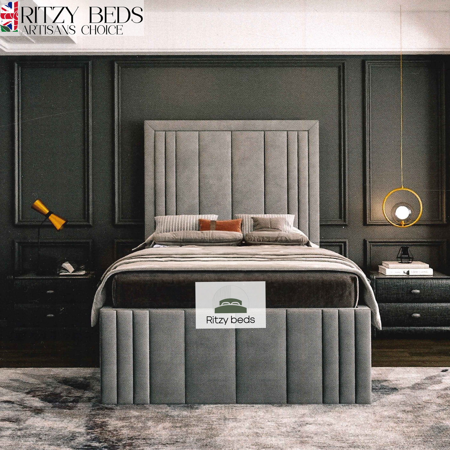 Gray upholstered british bespoke bed with tufted design in a modern bedroom setting, featuring the 'Ritzy Beds' brand.