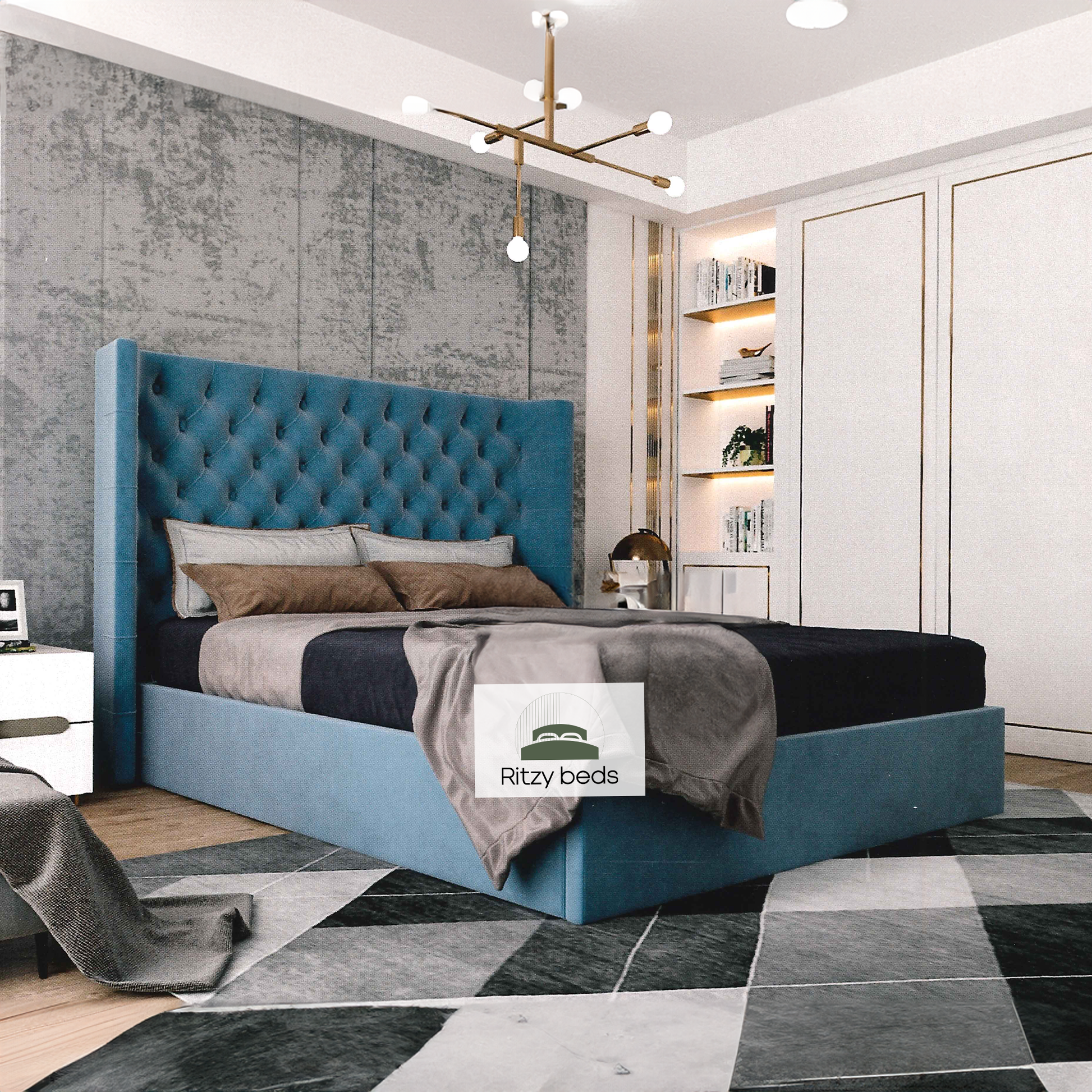 Modern bedroom with a blue winged, buttoned upholstered bed and 'Ritzy Beds' logo.