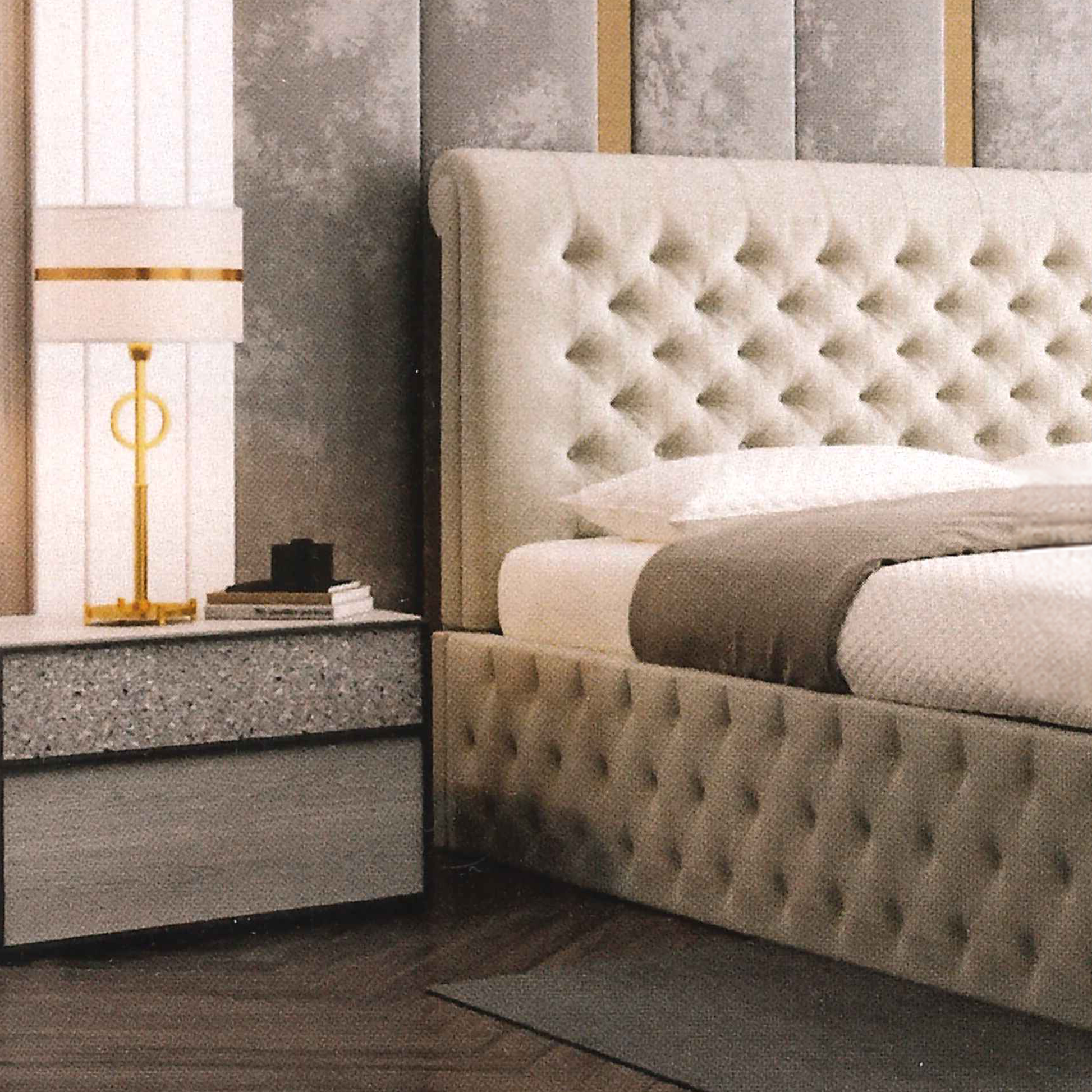 Luxury bedroom with tufted scroll headboard and nightstand