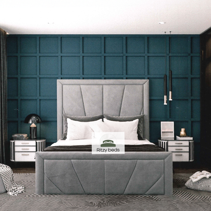 Gray geomretric upholstered bespoke bed with white pillows against a teal paneled wall in a modern bedroom.