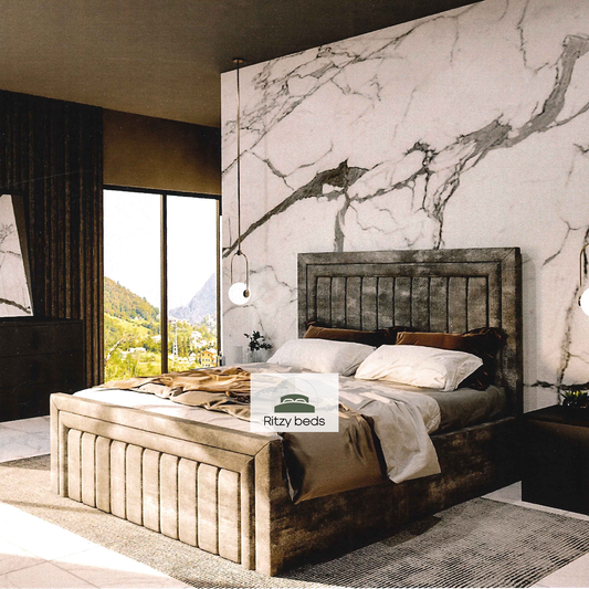 tufted bespoke handmade urband bed with marble wall and window view in a bedroom