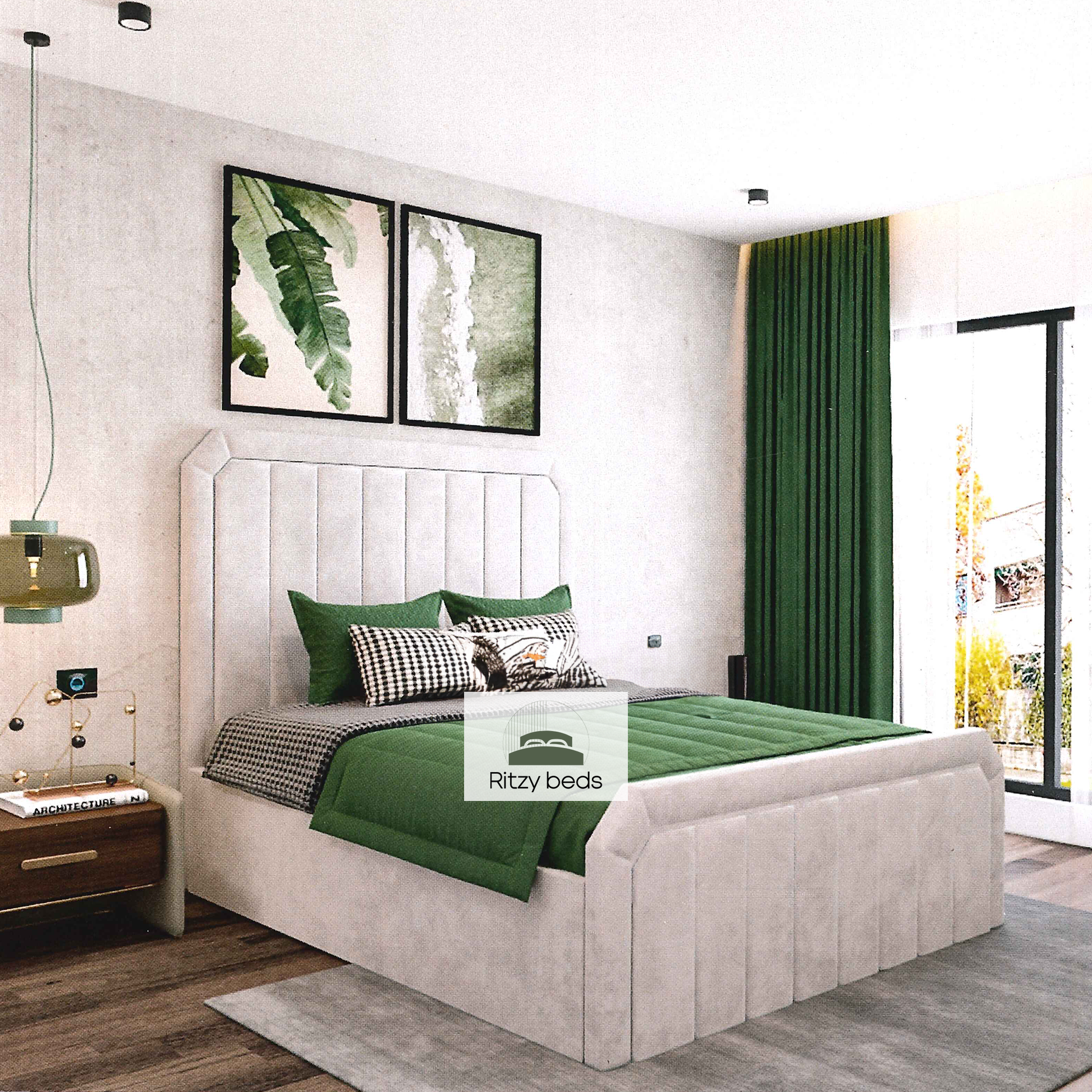 Modern bedroom with a luxury upholstered british bed, nightstands, and decor elements, featuring the 'Ritzy Beds' brand.