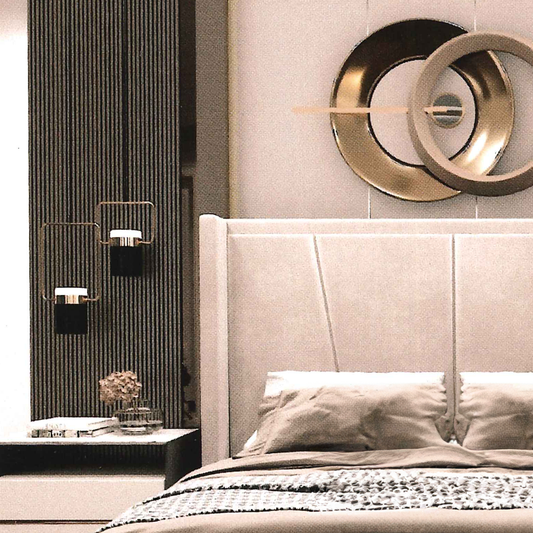 Modern bedroom with a handmade bespoke british bed, nightstand, and decorative wall art.