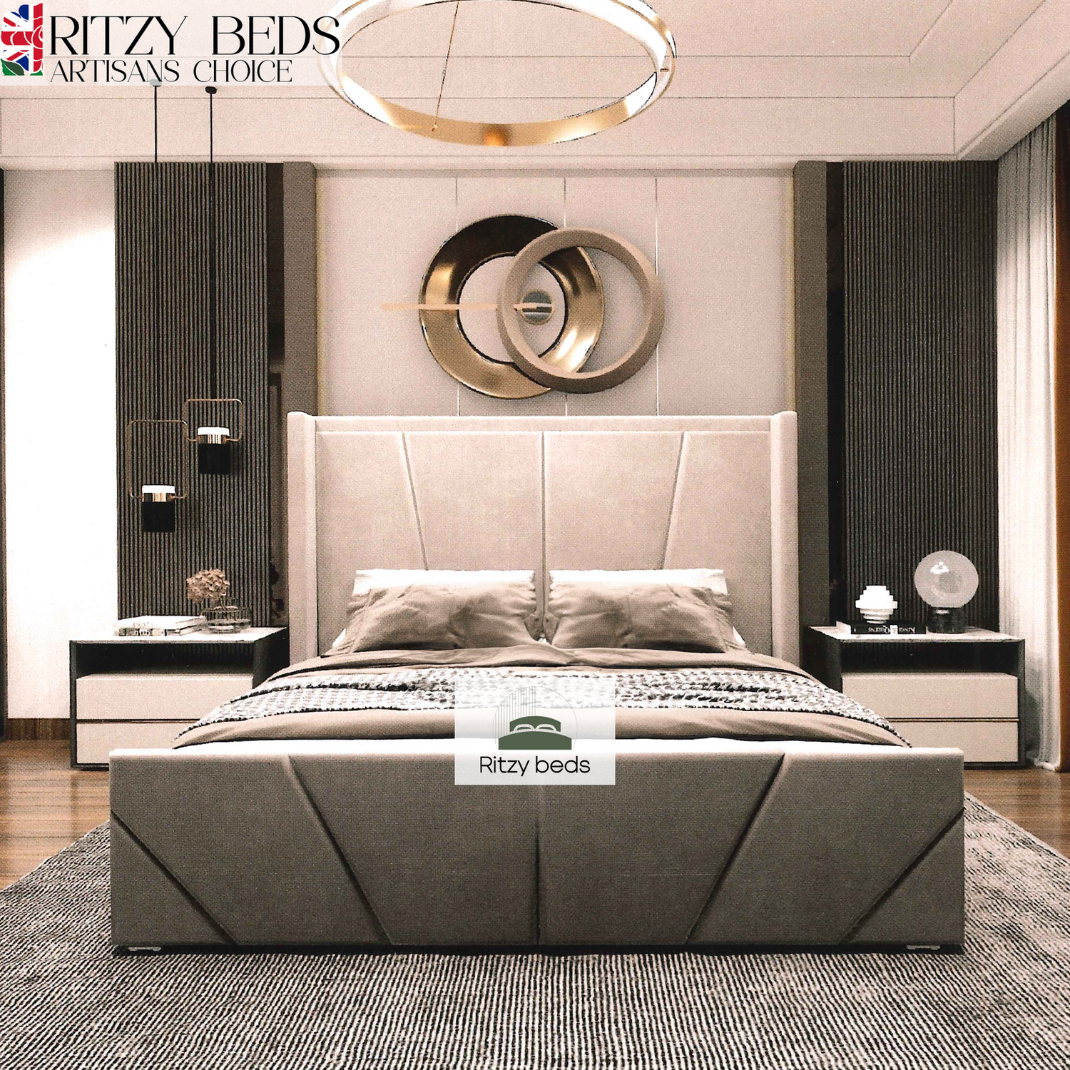 Gray upholstered bed with angular geometric lines in a modern bedroom with 'Ritzy Beds' branding.
