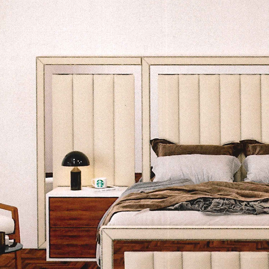 Beige upholstered bed with wooden nightstands and a lamp in a bedroom setting.